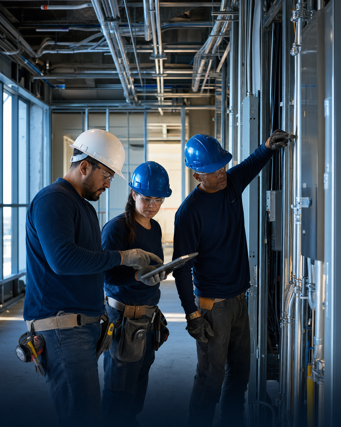 Qualified electricians inspecting conduit and electrical plans