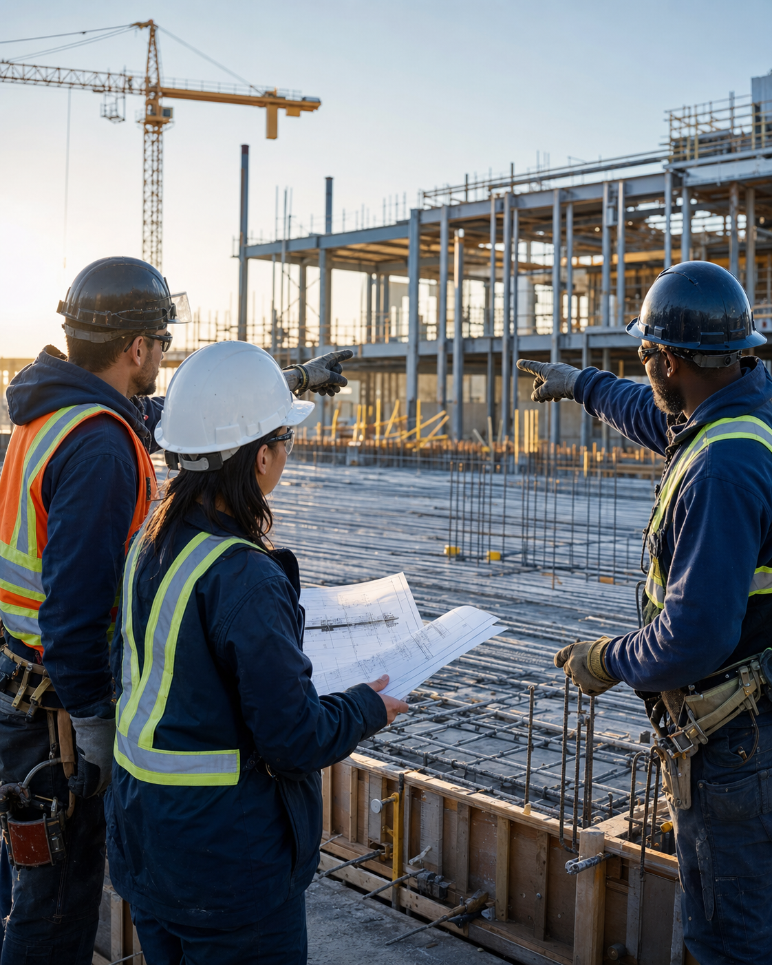 Structural construction crew coordinating concrete and framing work
