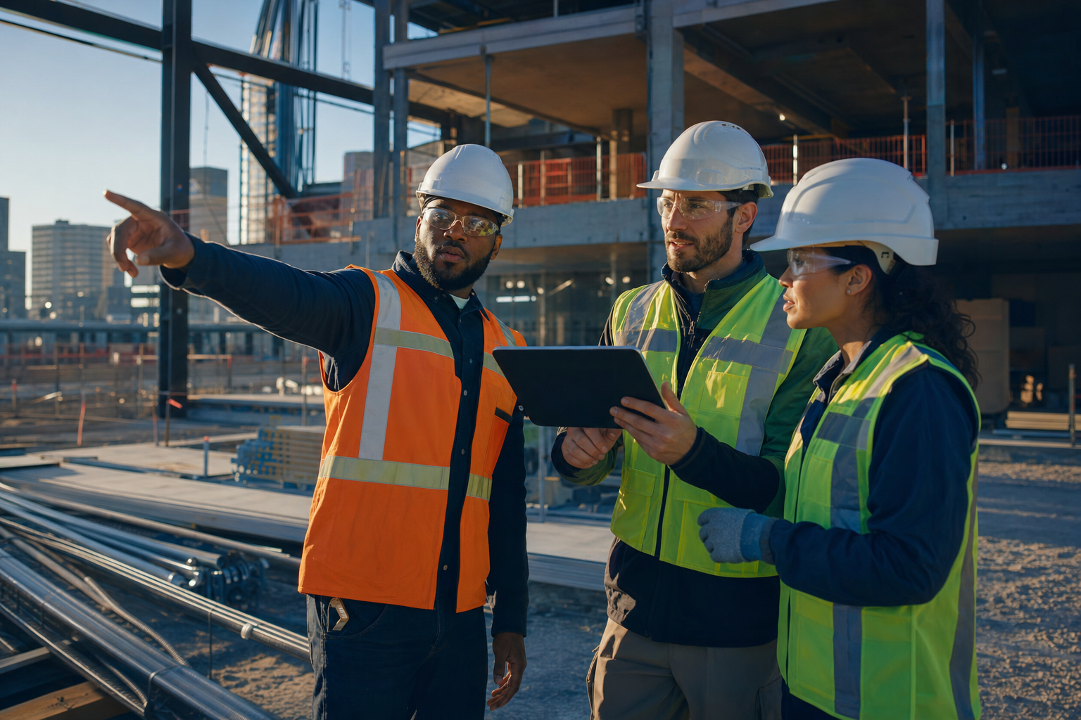 Construction professionals reviewing project plans on a commercial site